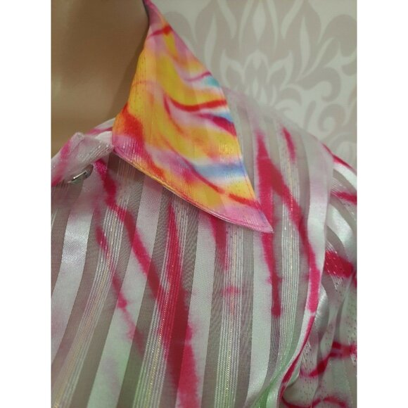 Vintage 90s Tie Dye Print Sheer Shimmery Blouse Size S White Button Front - Picture 4 of 12